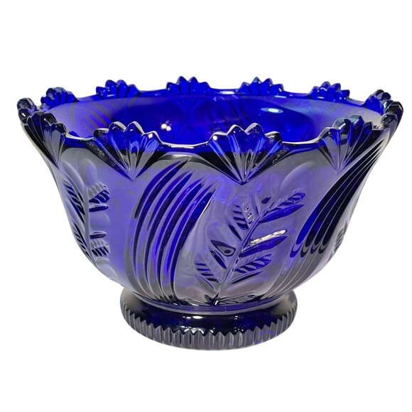 Rare Vintage Large Poland Crystallina Cobalt Blue Glass Footed Fruit Bowl, 9" Di - Picture 1 of 9